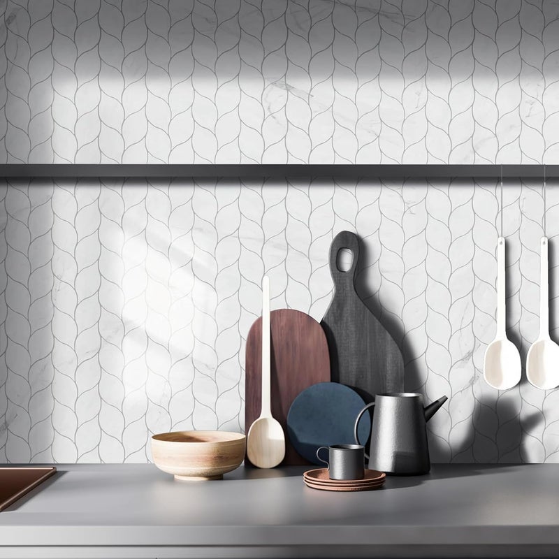 Tilingview 10-Sheet Peel and Stick Backsplash Tile for Kitchen, Self-Adhesive Mosaic Glossy Leaf Stick on Wall Tile with Gaps (Calacatta White) - Image 2